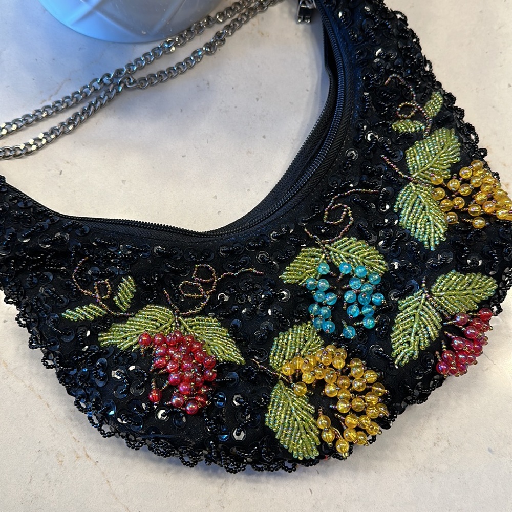 Vintage Black Beaded Crescent Shaped Purse. Beautifully made.